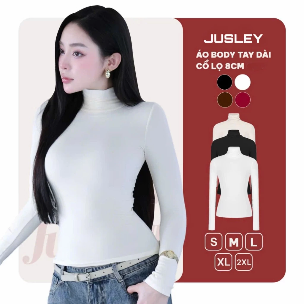 Áo Thun Cổ Lọ 8p Dài Tay Ôm Body Nữ Thun Tăm Co Dãn 4 Chiều Siêu Co Giãn Jusley A8