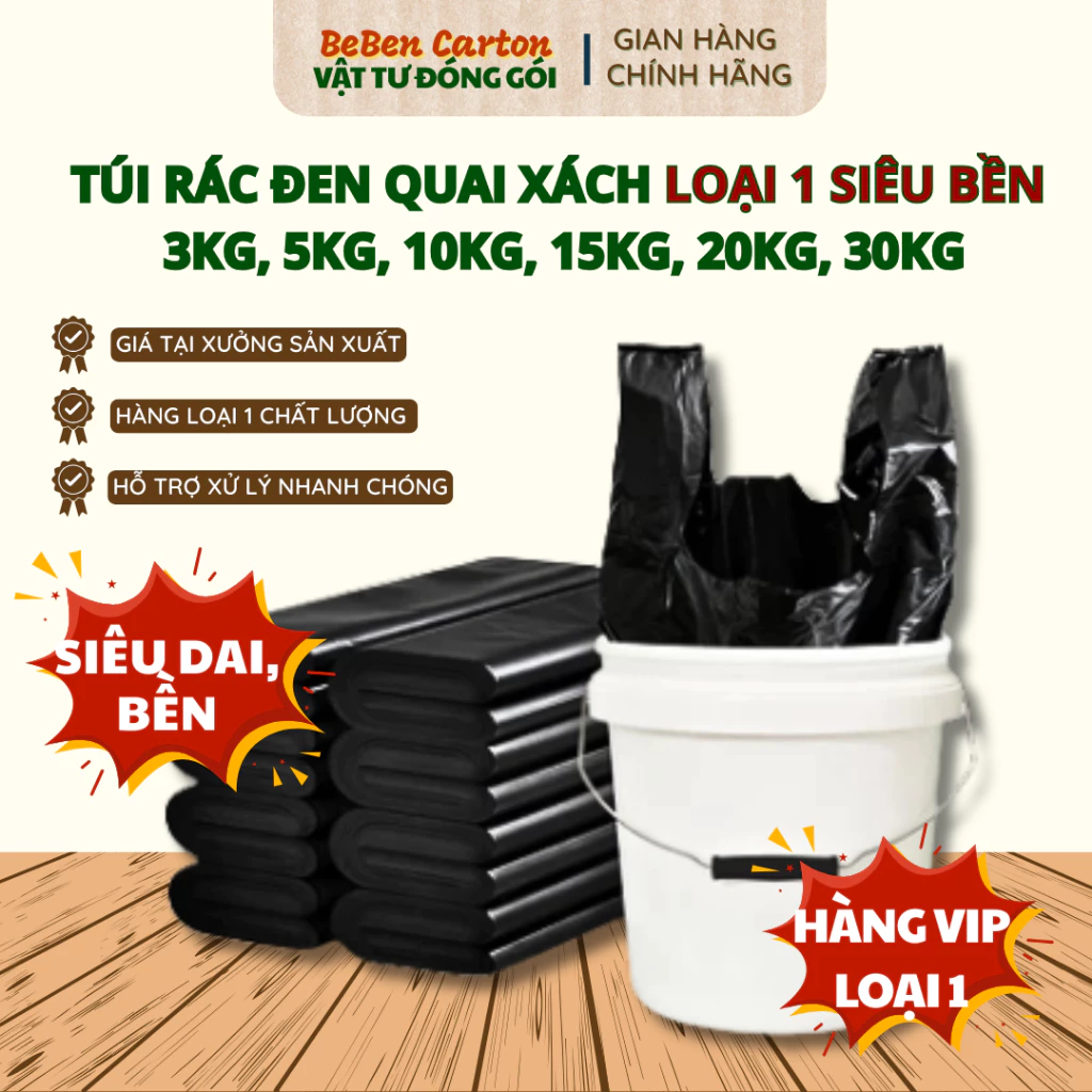 (LOẠI SIÊU ĐẸP) 1KG Túi Đen Quai Xách Siêu DAI BỀN Đựng Rác Đủ Kích Thước HÀNG VIP loại 1 - Bé Bền Carton
