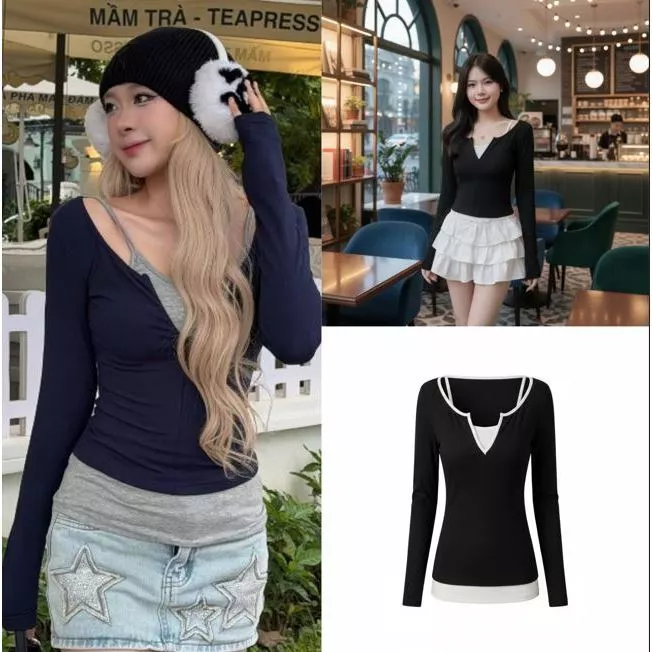 Áo Thun Nữ Dài Tay Tặng Áo 2 Dây Mềm Mại Sét Áo 2 Món Phong Cách Basic Mặc Đi Làm Đi Chơi Monsta