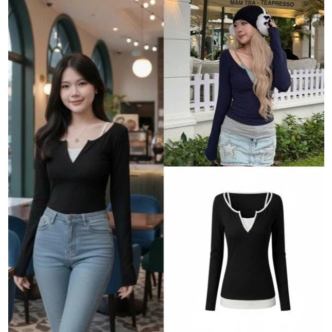 Áo Thun Nữ Dài Tay Tặng Áo 2 Dây Co Giãn Mềm Mịn Sét Áo Phối 2 Món Nhẹ Nhàng Nữ Tính Queenstore