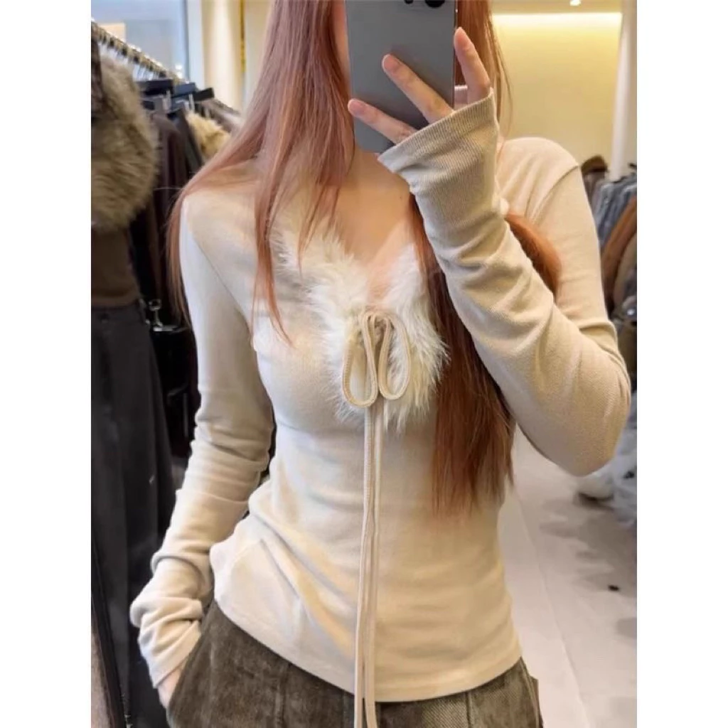 [DEAL MỞ BÁN] Áo thun cổ tim viền lông buộc dây dáng ôm slimfit