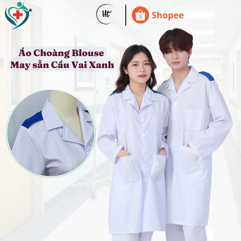 [Giá xưởng] Áo choàng Blouse gắn CẦU VAI XANH chất vải KAKI, dành cho Bác sĩ, Dược sĩ, Thực tập sinh