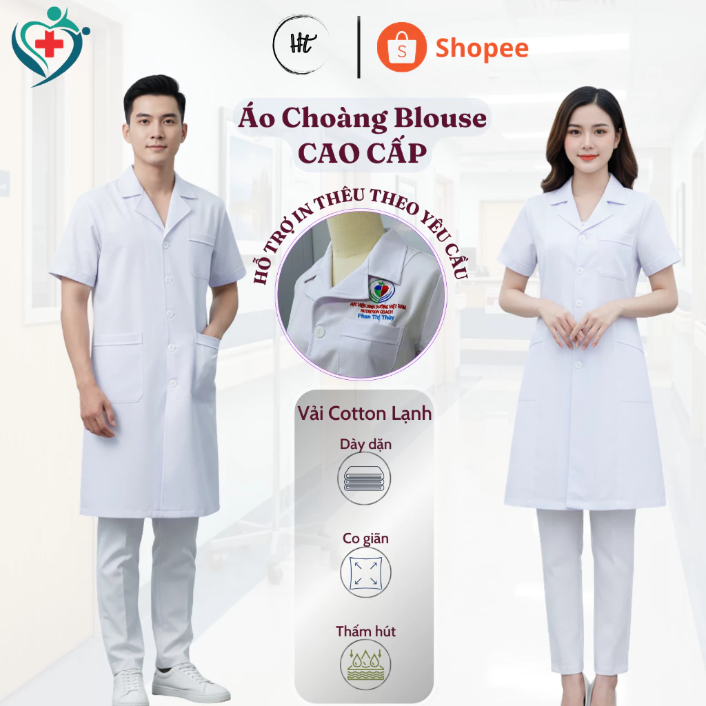 Áo Choàng Blouse Trắng Cotton Hàn Cao Cấp dáng dài, chuyên dụng cho Bác sĩ, Dược sĩ, phòng thí nghiệm, thẩm mỹ viện