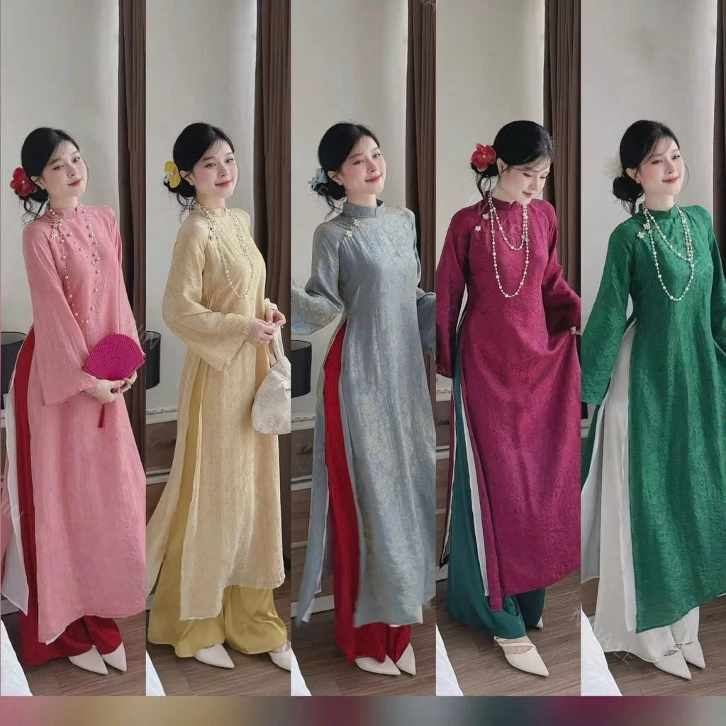 Áo Dài Gấm Ánh Kim Tết 2026 Form Suông Hoa Chìm Truyền Thống Cách Tân Tay Dài Thanh Lịch Sang Trọng NV807