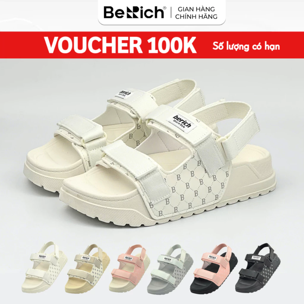 Giày Sandal Nam Nữ BERICH Quai Ngang Màu Be Kem Siêu Nhẹ - Bền - Êm - Dễ Thương BE977 IN Hoạ Tiết