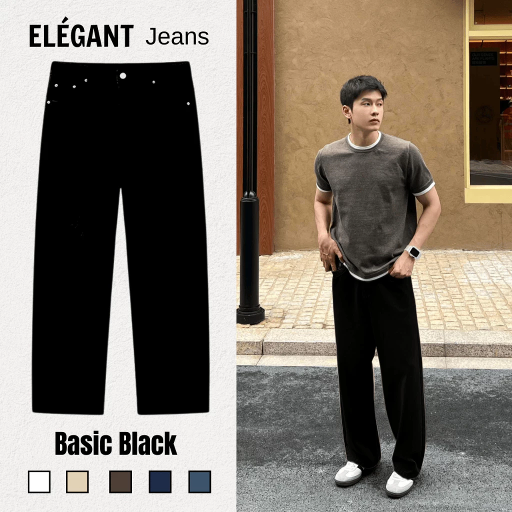 Quần Jean Kaki Nam Ống Suông Đứng Màu Basic Black ELEGANT, Quần Bò Nam Nữ Form Suông Rộng Có BigSize
