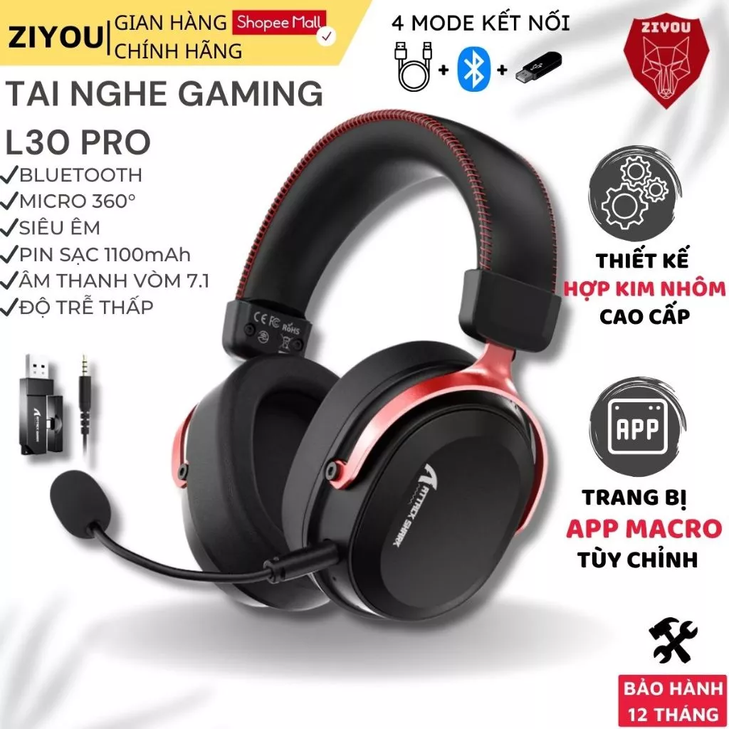 Tai Nghe Không Dây Gaming Attack Shark L30 Pro Receiver Kép, Âm Thanh Vòm 7.1, Độ Trễ 20ms, App Web