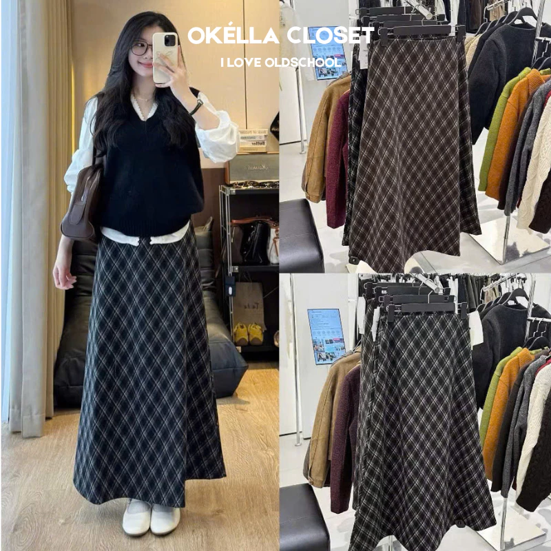 Chân Váy Dạ Kẻ Caro cạp chun, Chân Váy Midi dáng A xoè mềm mại Okélla (eo co giãn)