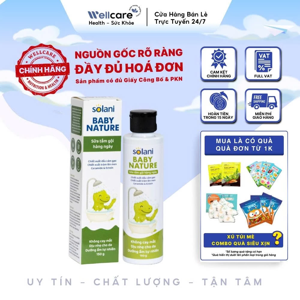 [✨CHÍNH HÃNG] Solani Baby Nature Chai 150g - Sữa tắm gội cho bé, làm ấm cơ thể, chăm sóc da rôm sảy, không gây cay mắt