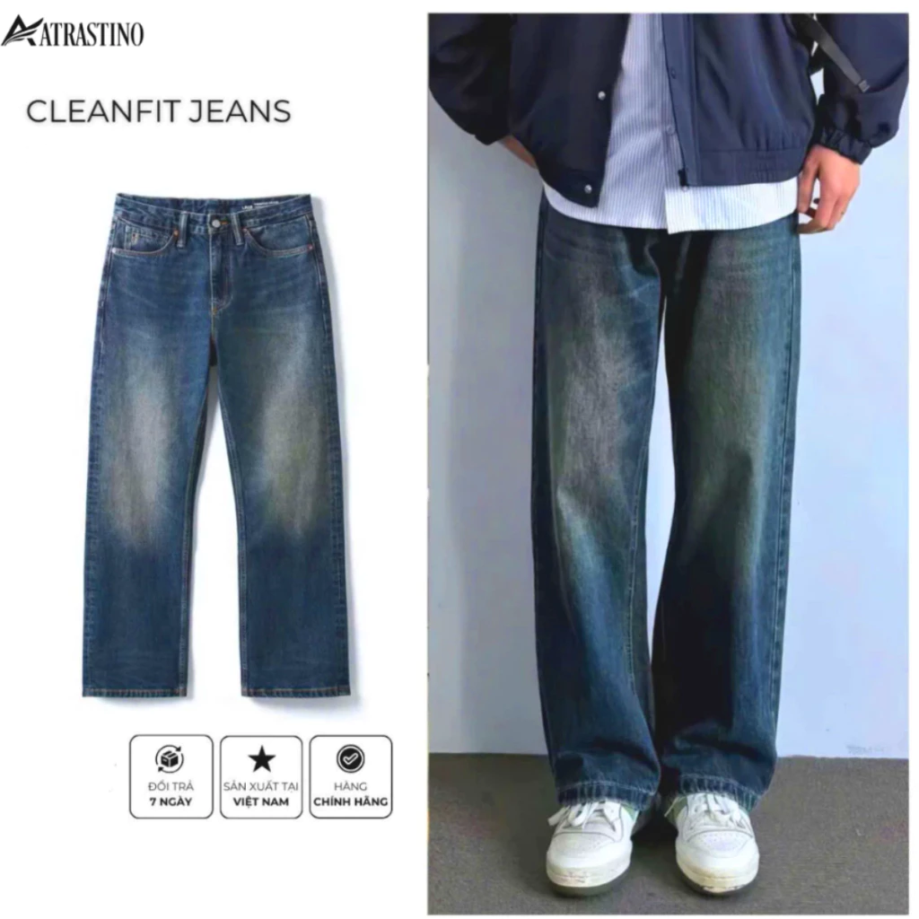 [BẢN CAO CẤP] Quần Jean Nam Ống Suông Rộng Atrastino, Quần Bò Nam Màu Xanh DUSTY Phong Cách RETRO- JEAN004
