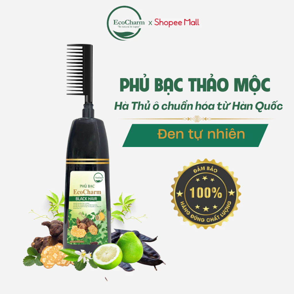 Phủ bạc thảo mộc đen tóc Ecocharm dạng lược, bổ sung thành phần thiên nhiên,dễ sử dụng tại nhà 190ml