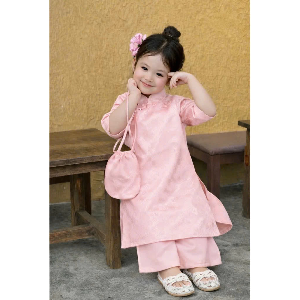 [Kèm túi] D55 Set áo dài Gấm lụa hồng CÁT VŨ  nhẹ nhàng thanh thoát cho bé gái xinh xắn diện lễ tết (9-30kg)