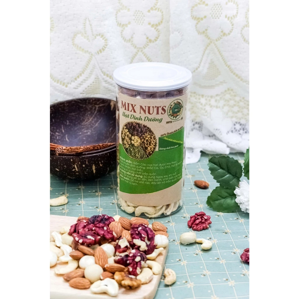 mix hạt dinh dưỡng 5 loại hạt macca, óc chó đỏ, hạnh nhân, hạt điều, hạt bí xanh - hũ 500gr tốt cho sức khoẻ