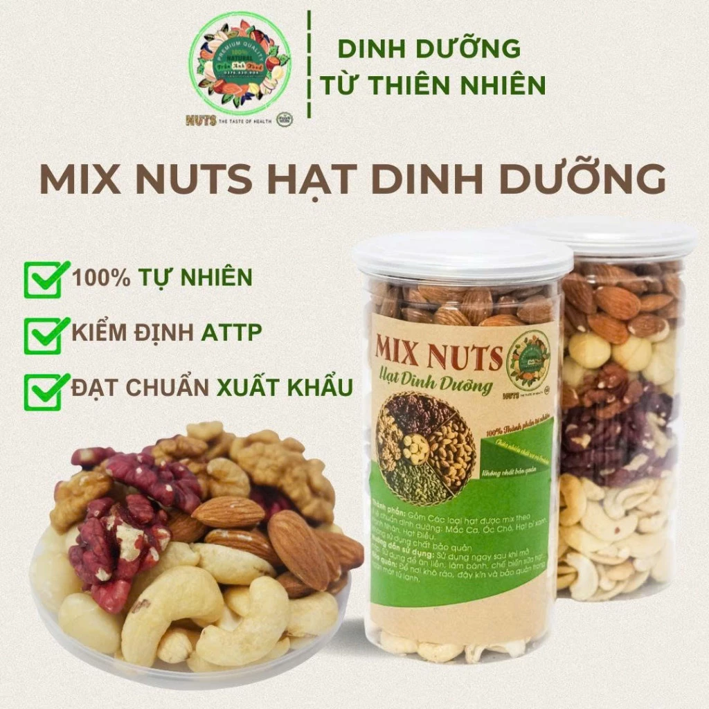hạt dinh dưỡng mix 5 loại hạt macca, óc chó vàng, óc chó đỏ, hạnh nhân, hạt điều hũ 500gr