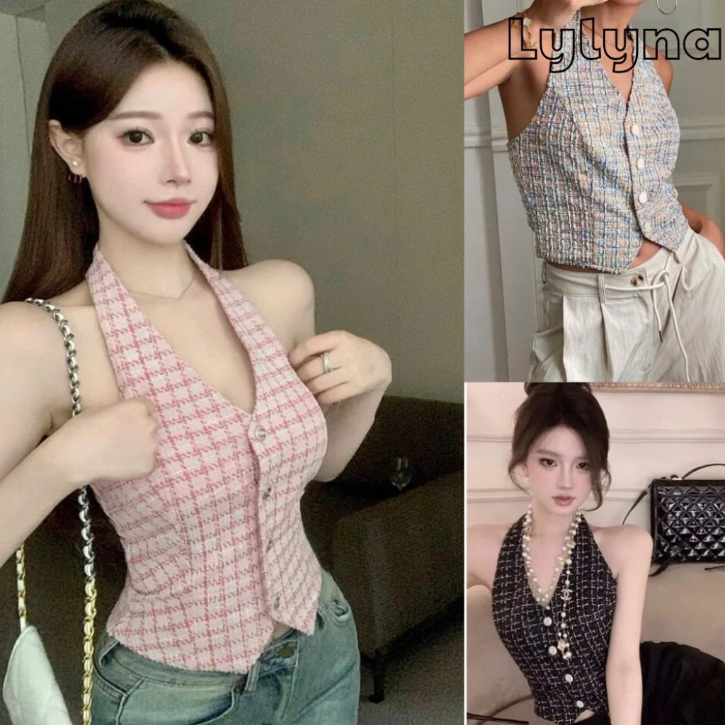 Áo kiểu nữ chất vải dạ ghi lê, áo cổ yếm choàng cổ sát nách LYLYNAA99