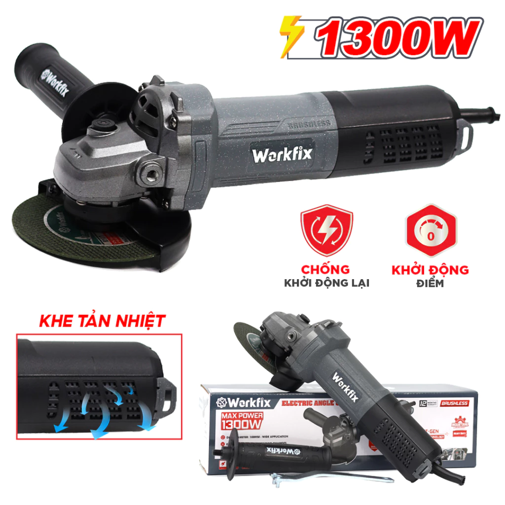 [MỚI-1300W] Máy Mài Trục WORKFIX WF-AG1300BL 100mm Công suất 1300w,Công Tắc Đuôi, Khe Tản Nhiệt, Dây  2M