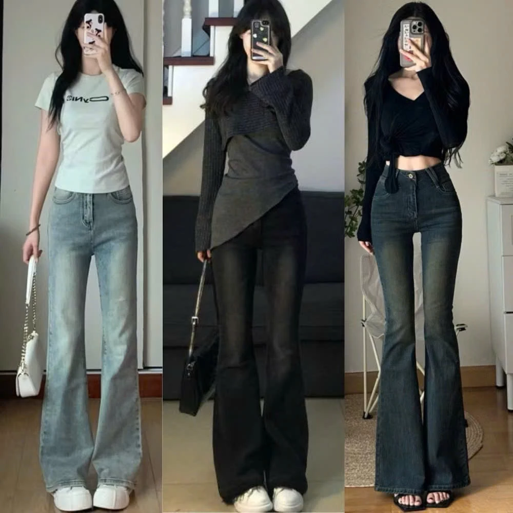 Quần Jeans Nữ Ống Loe Lưng Cao Màu RETRO Chất Co Giãn, quần bò loe cạp cao ôm eo gọn chân tôn dáng