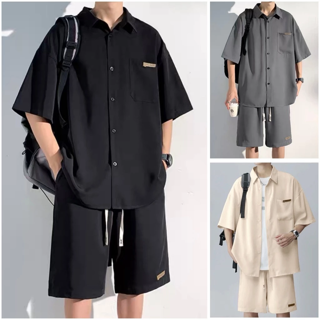 Set Bộ Đũi Sơ Mi Nam Nữ Cộc Tay Lỡ Cao Cấp, Bộ Sơ Mi Cộc Form Rộng Dáng Unisex Màu Bassic Full Tag Logo Sịn Sò