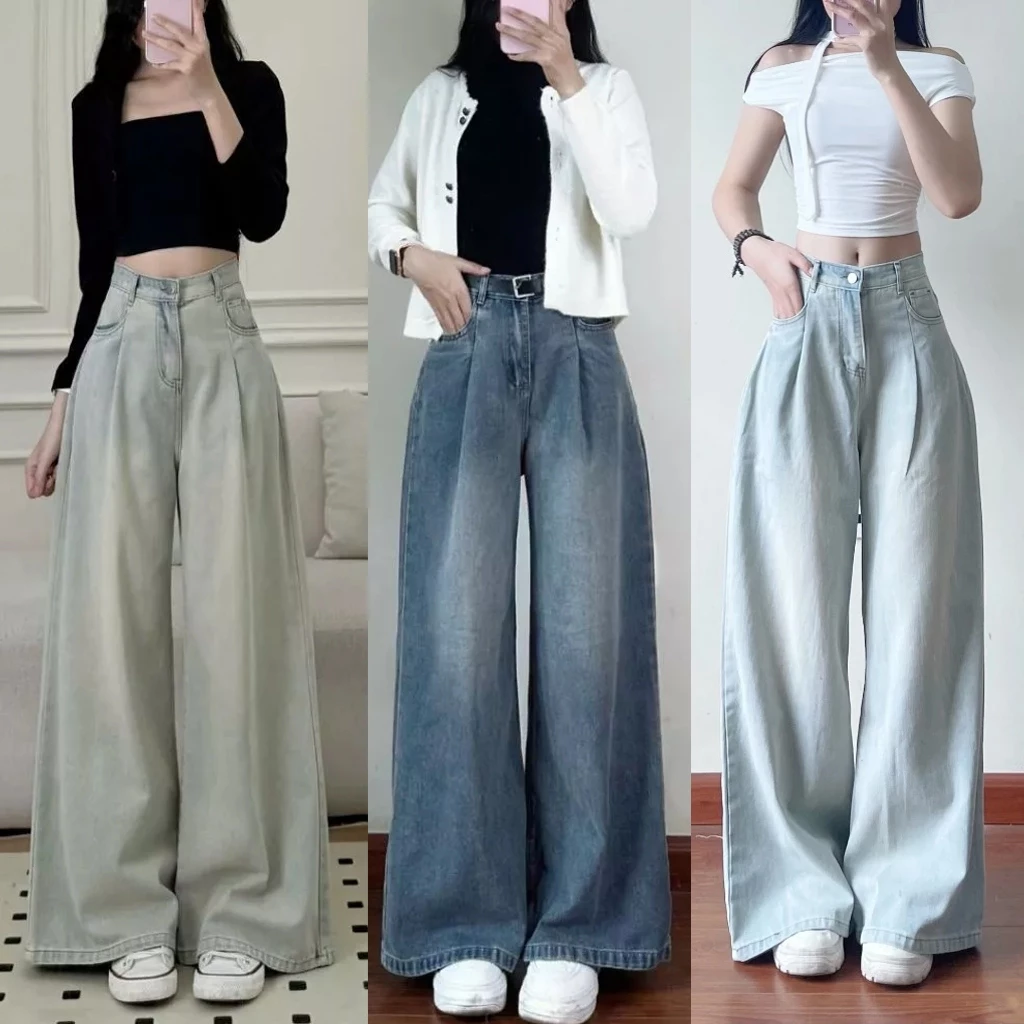 Quần Jeans Bò Nữ Ống Siêu Rộng Xếp Ly Trước Xanh Đậm Wash Retro AVO AVOCADO Phong Cách Vintage Ống Rộng 30cm