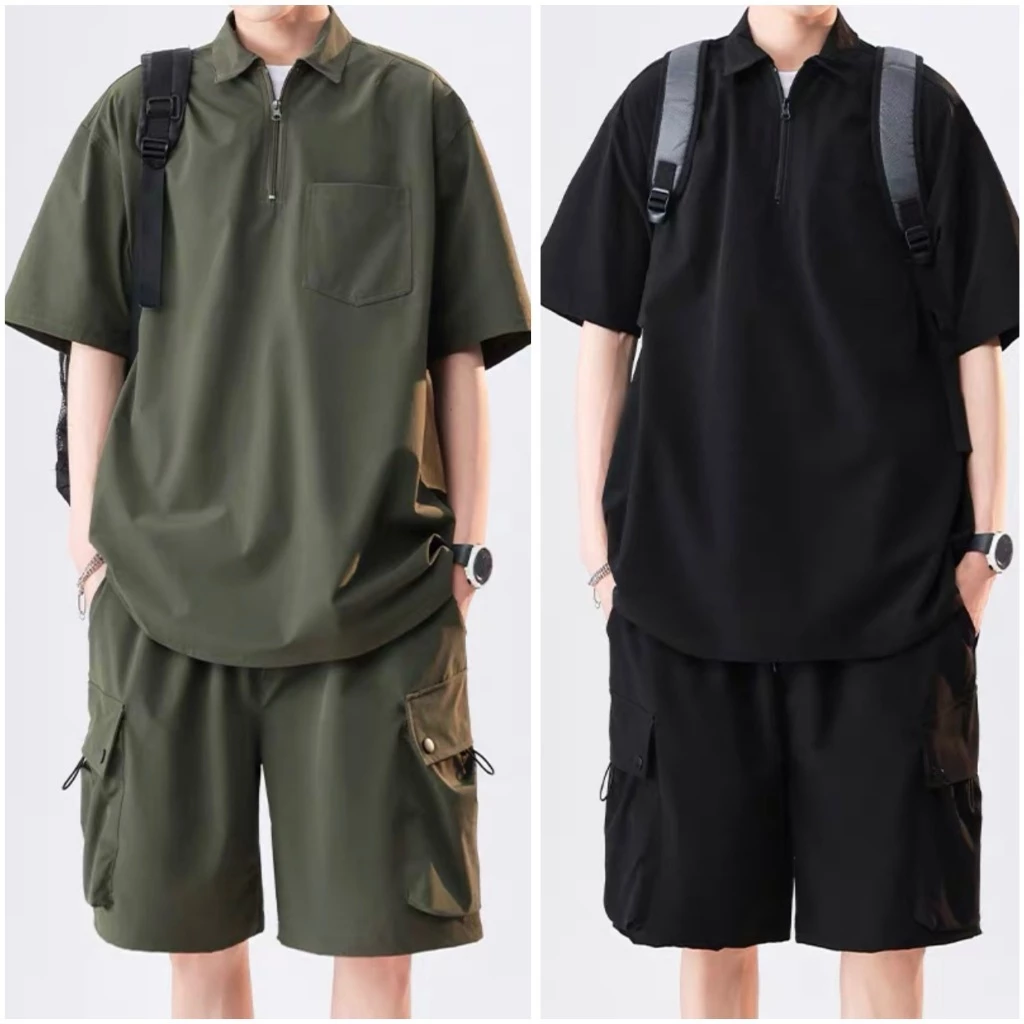 Bộ Quần Ấo Sơ Mi Zip Đũi Chất Cotton Đũi Cao Cấp, Áo Cộc Tay Lỡ Unisex Basic, Full Logo Tag, Hợp Mọi Thời Đại