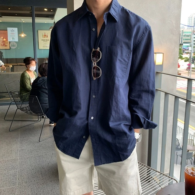 Áo Sơ Mi Nam Dài Tay Chất Vải Linen Màu Xanh Navy Form Rộng, Basic Phong Cách Hàn Quốc Hot