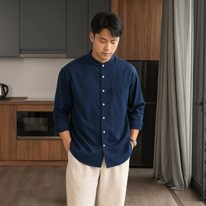 Áo Sơ Mi Dài Tay Đũi Oxford 1 Túii Ngực Cổ Tàu Nam Nữ Hàn Quốc Cổ Tàu Form Rộng