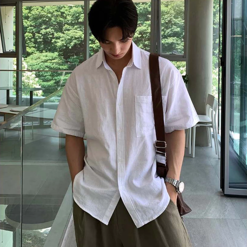 Áo Sơ Mi Nam Linen Nam Đi Biển Chất Đũi Cộc Tay Form Rộng Cổ Bẻ Hàn Quốc
