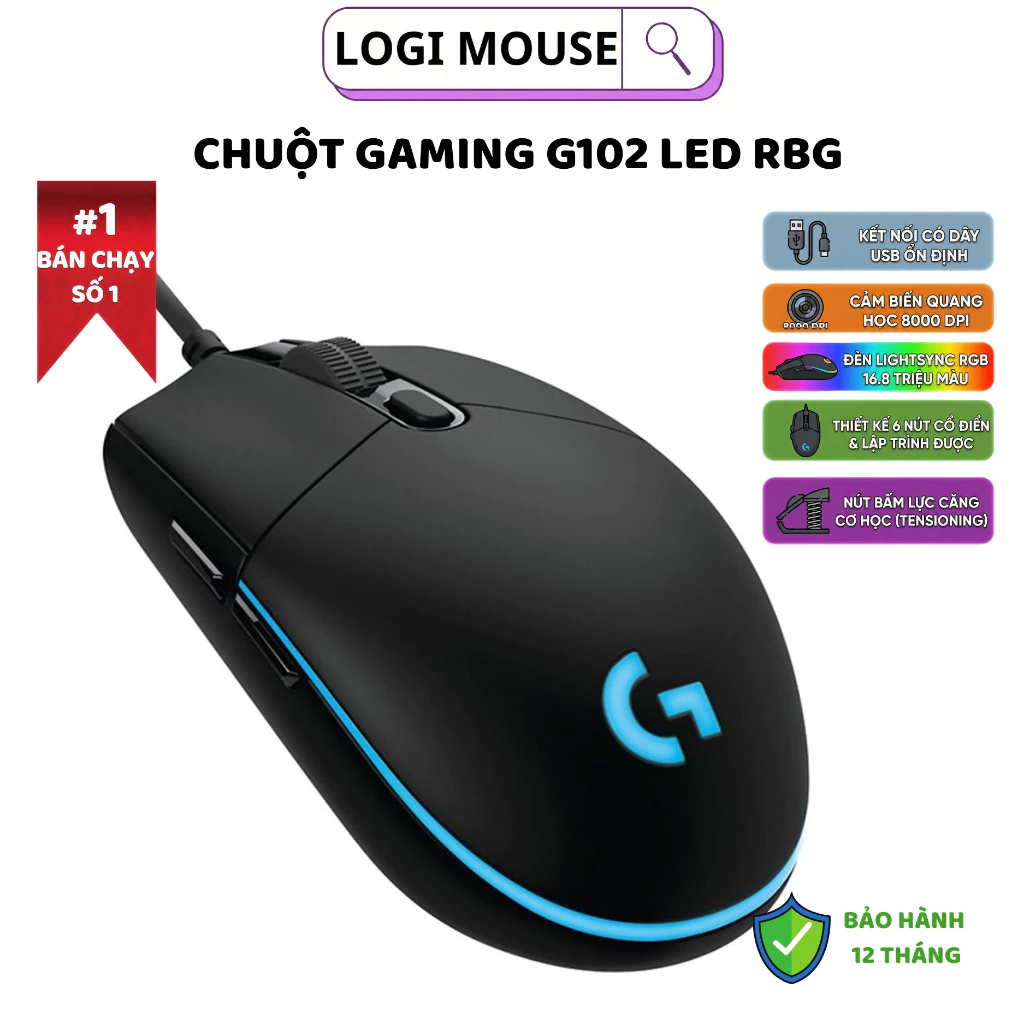 Chuột Gaming Logitech G102 Lightsync RGB - Độ Phân Giải 8000 DPI, 6 Nút Lập Trình, USB Có Dây