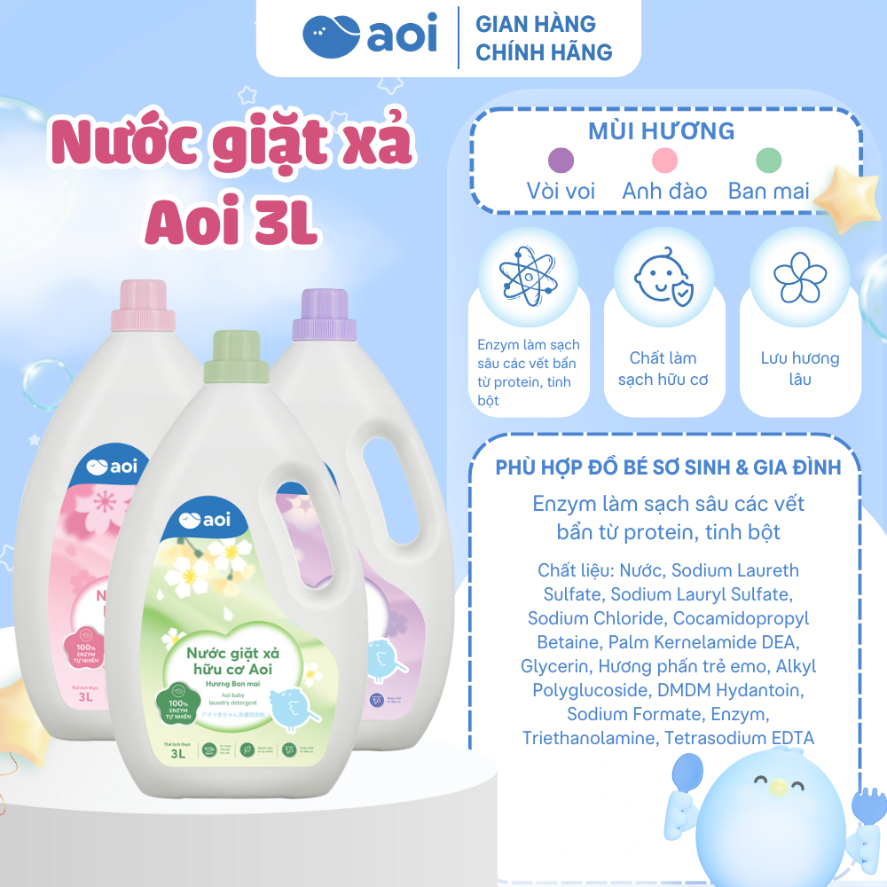 Nước Giặt Xả Hữu Cơ Aoi 3L Cho Bé Dịu Nhẹ Da – Sạch Sâu – Hương Tự Nhiên 100%…