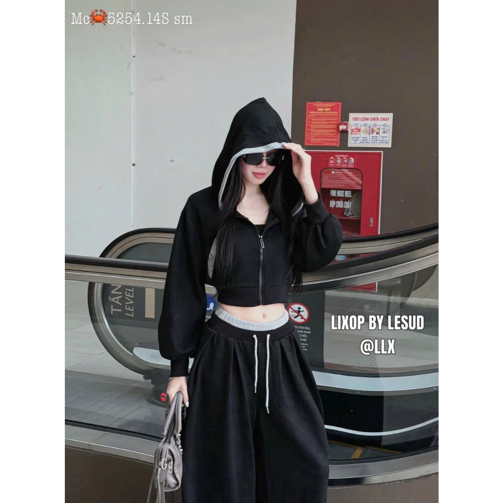 Set Đồ Bộ Hoodie Da Cá Croptop Nữ Phong Cách Hàn Quốc, Quần Ống Suông Cạp Cao