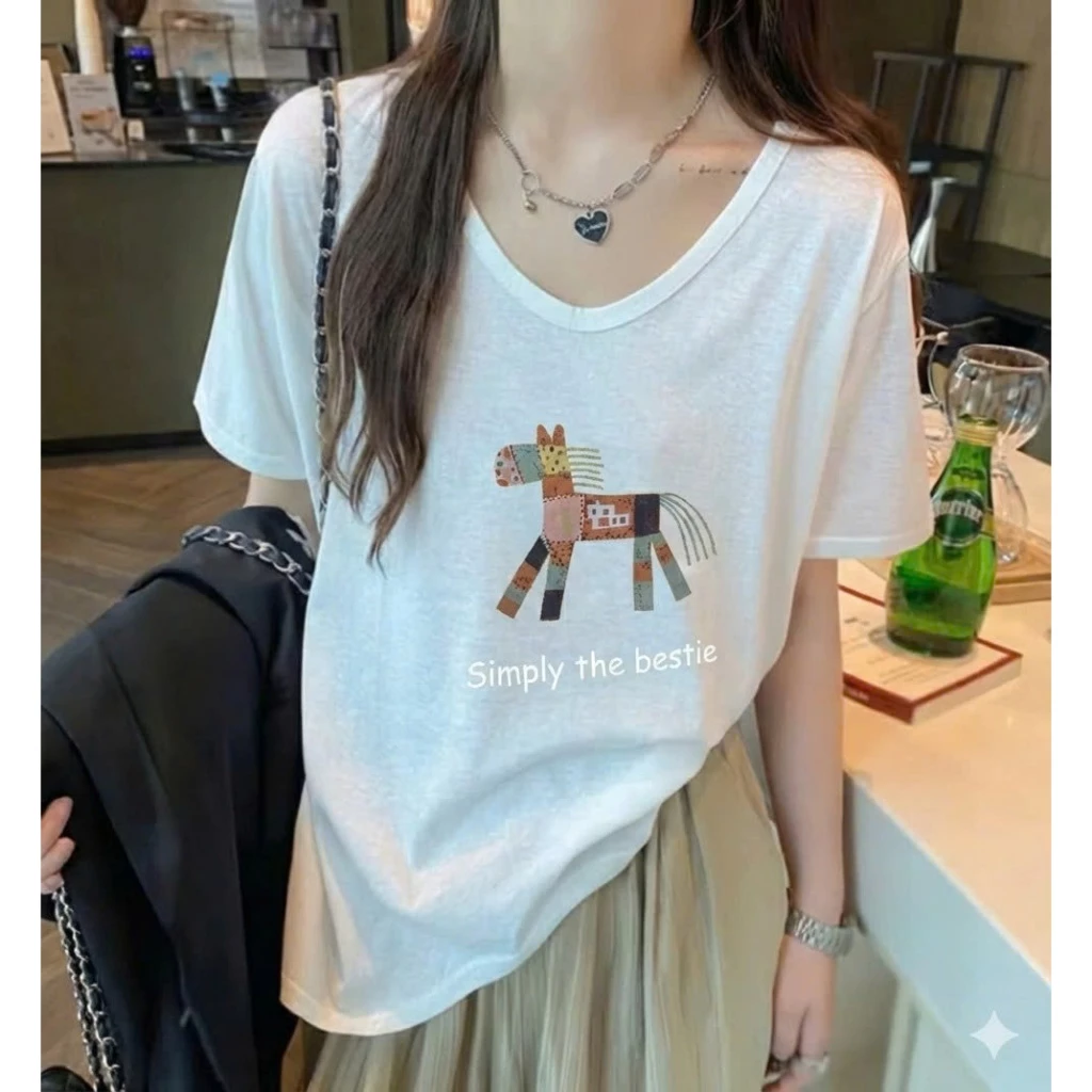 Áo thun nữ cổ tròn tay ngắn in hình chú chó cute chất cotton co giãn thoáng mát thấm hút mồ hôi