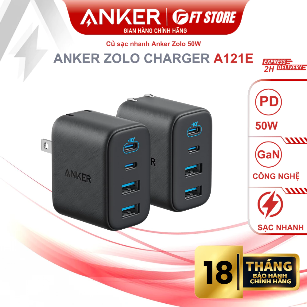 Củ sạc nhanh Anker Zolo GaN A121E - 50W 4 cổng 2C2A, sạc siêu nhanh đa thiết bị