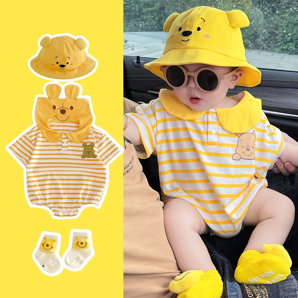 3Pcs Bộ áo liền quần trẻ sơ sinh Disney cho bé trai mùa hè ngắn tay cotton thời trang Winnie the Pooh áo sơ mi 0-24 thán