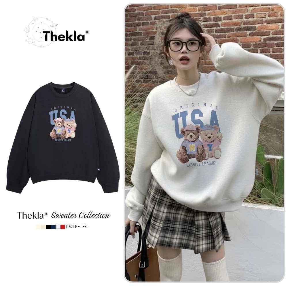 Áo Sweater THEKLA BST149 Hình Gấu USA - Áo Nỉ Lông Cáo Cao Cấp, Form Rộng Oversize