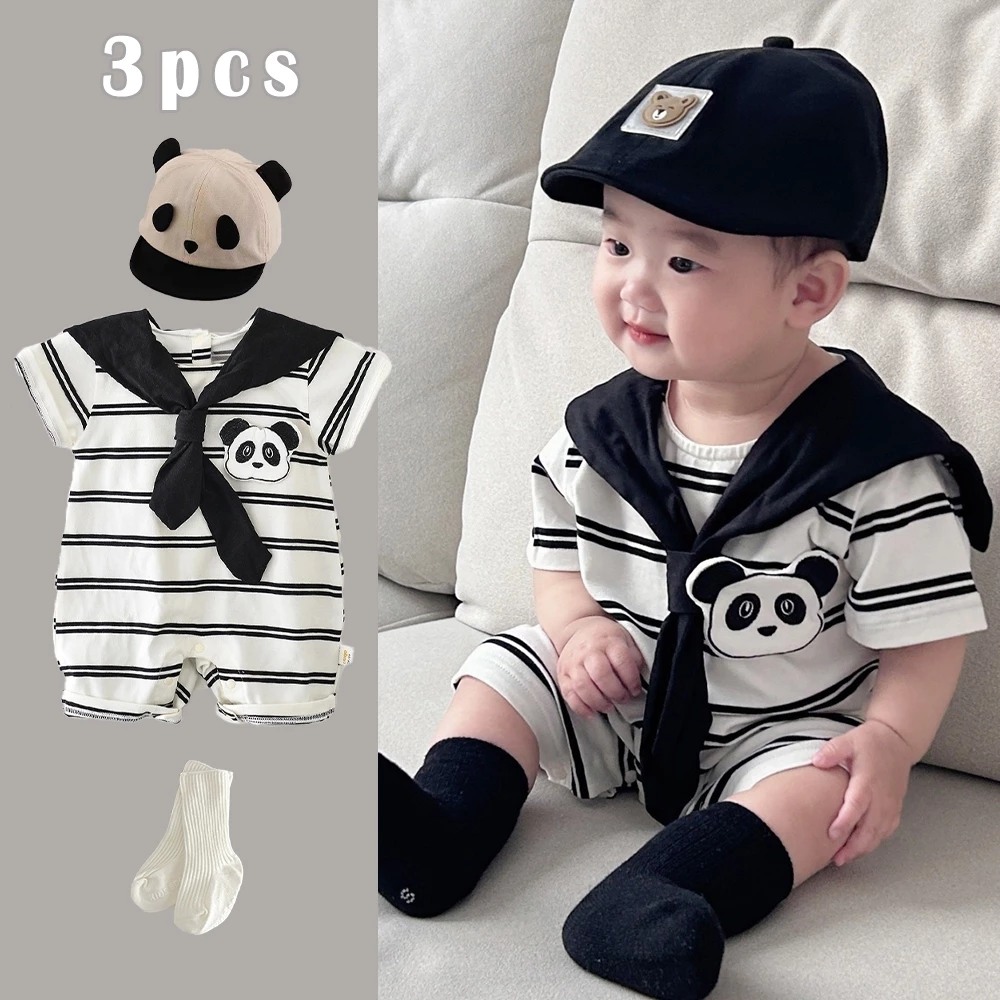 Quần Áo Bé Mùa Hè Tay Ngắn Áo liền quần Bé Trai Bé Gái Hoạt Hình Sọc Body 0-2 Tuổi Quần Áo Sơ Sinh Trẻ Sơ Sinh Onesie