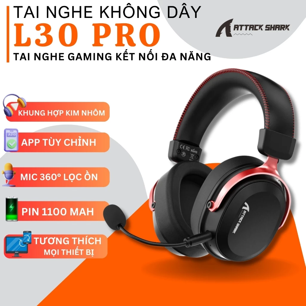Tai Nghe Gaming Không Dây Attack Shark L30PRO - Âm Thanh Vòm 7.1, Độ Trễ Thấp 20ms, Pin Trâu 1100mAh