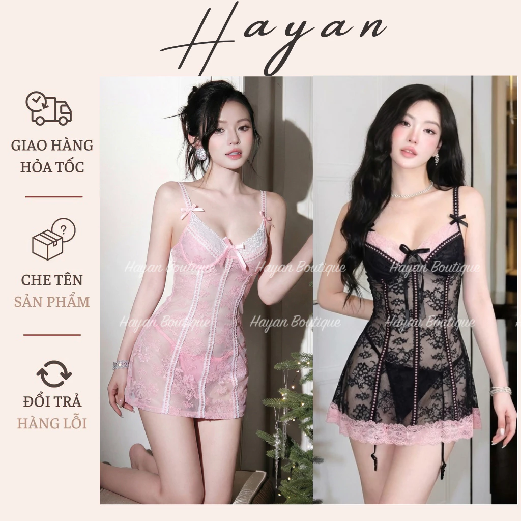 HT262 Váy ngủ sexy 2s cúp v1 đính nơ có GỌNG,đồ ngủ ren xuyên thấu ôm body HT262