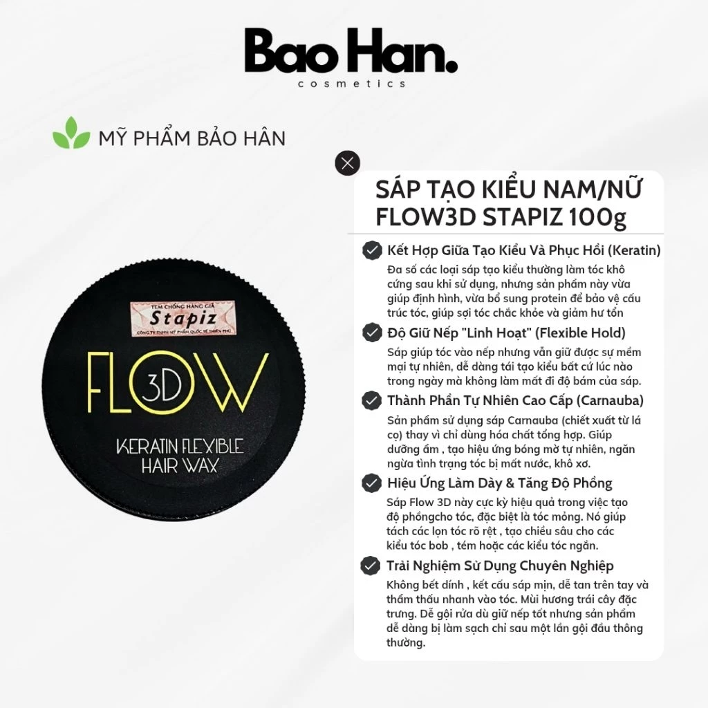 SÁP VUỐT TÓC KERATIN FLOW 3D STAPIZ 100g-TẠO KIỂU & PHỤC HỒI TÓC HƯ TỔN, GIỮ NẾP LINH HOẠT KHÔNG BẾT DÍNH, DÙNG NAM & NỮ
