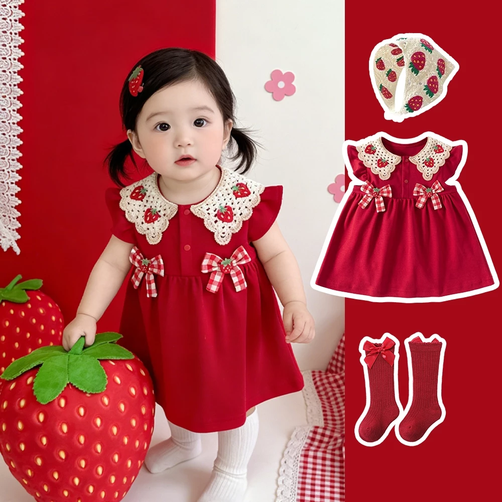 3Pcs Set Newborn Baby Jumpsuit Cute Strawberry Pattern Girl Skirt Cotton Tights Baby Clothes for 0-24M