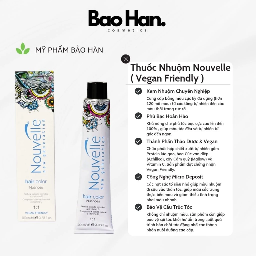 THUỐC NHUỘM TÓC NOUVELLE ( VEGAN FRIENDLY ) 100ml - CHIẾT XUẤT THẢO MỘC & VITAMIN C , PHỦ BẠC 100% , CAO CẤP TỪ ITALY.