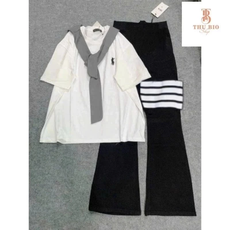 Sét Áo Babytee < Ko Có Khăn > In Logo Ngựa Giả Thêu Phối Quần Dài Ống Loe 4 Vạch Cá Tính Mặc Đi Chơi Sang Chảnh
