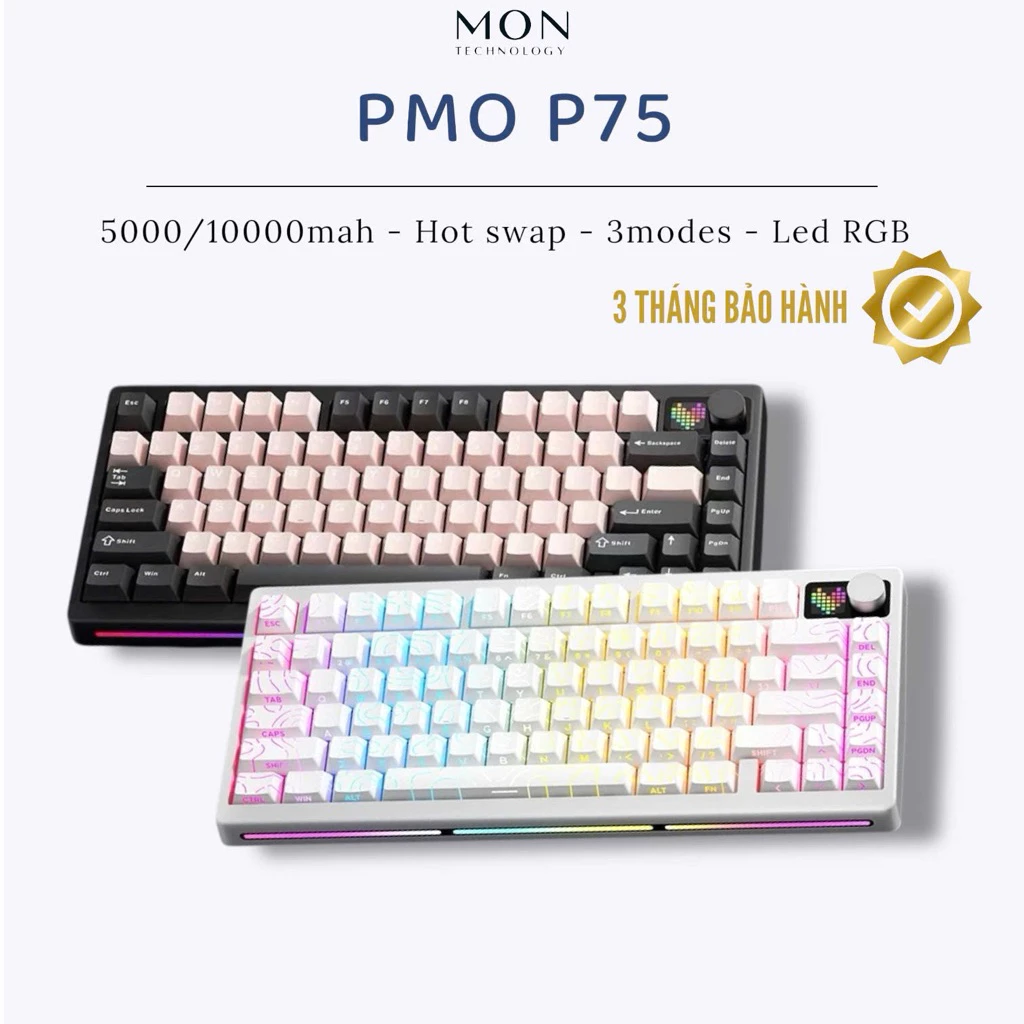[ Sẵn Hàng ] Bàn phím cơ PMO P75 3 Mode | Mạch Xuôi | LED RGB | Layout 75