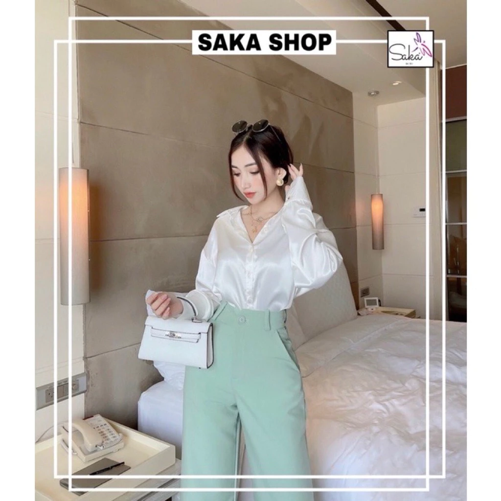 Áo sơ mi lụa nữ tay dài trắng dáng rộng dày dặn