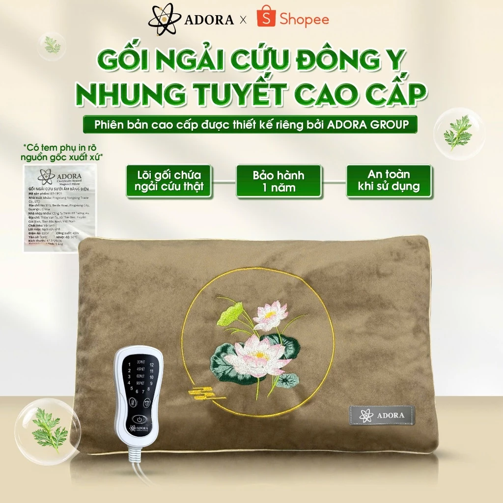 Gối Ngải Cứu Nhung Cao Cấp Chính Hãng ADORA | Lõi Gối Kết Hợp Ngải Cứu & Hoa Hồng Hương Thơm Tự Nhiên Dễ Chịu, chườm nón