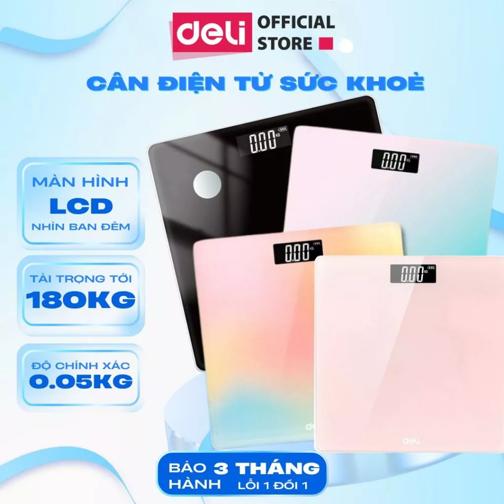 Cân Điện Tử Sức Khỏe DELI Chịu Tải 180KG Màn Hình Số LCD Cân Chính Xác Thiết Kế Nhỏ Gọn Cho Gia Đình