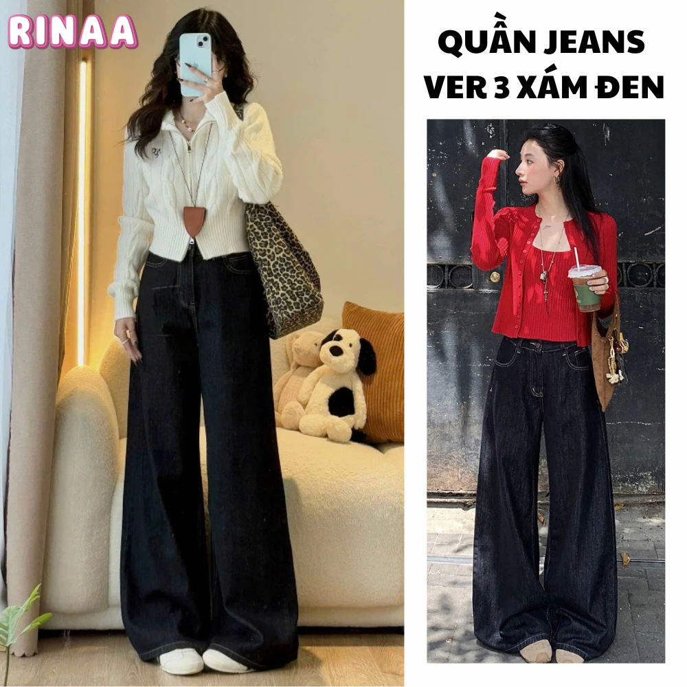 Quần Jeans Ống Suông Rộng 33cm màu Đen Xám, Chất Liệu Jeans Cao Cấp Cạp Cao Tôn Dáng Dễ Phối Đồ