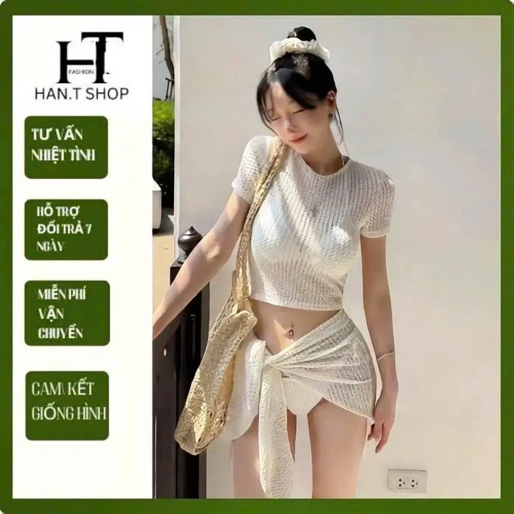 [BKN 1033] Set bikini đi biển 4 MÓN REN XỐP ,áo kèm khăn buộc,phong cách hàn quốc HAN.T SHOP