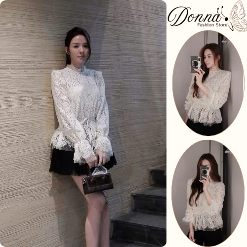 Áo ren nữ, áo kiểu nữ DONNA HCOM26997 cổ tròn tay loe bo chun phong cách tiểu thư, siêu sang