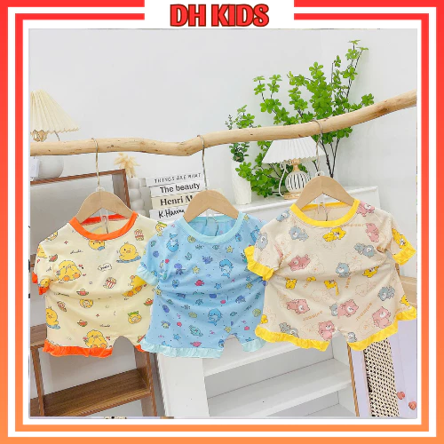 [L06] Bộ thun lạnh cộc tay viền bèo dễ thương chất thun mát lạnh cho bé từ 6 - 16kg - DH KIDS