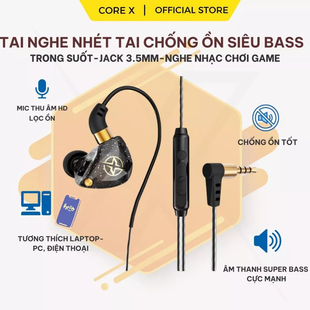 Tai Nghe Dây Nhét Tai Chống Ồn X6 Âm Thanh Siêu Bass Nghe Nhạc, Xem Phim, Chơi Game Cực Đã Tích Hợp Mic Lọc Âm, Jack 3.5